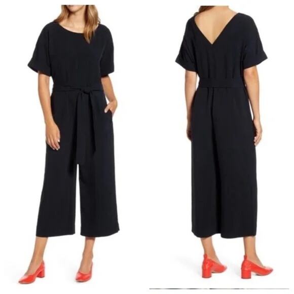 Everlane Japanese GoWeave Essential Short Sleeve Jumpsuit 10 NWT Pockets Black - Picture 1 of 9